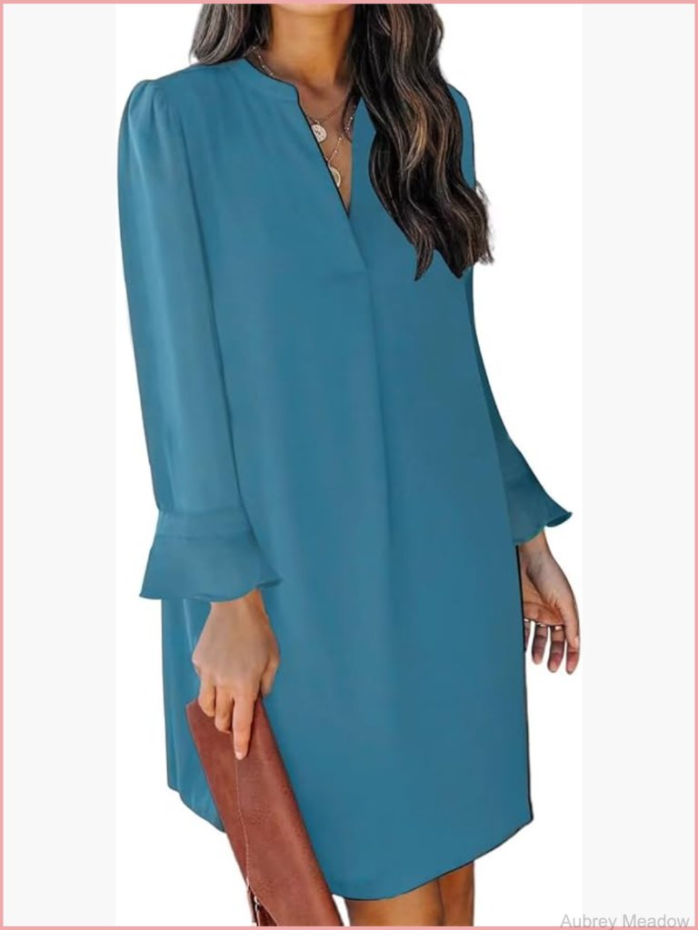 Women's Casual V-Neck Long Sleeve Flow Mini Tunic Dress